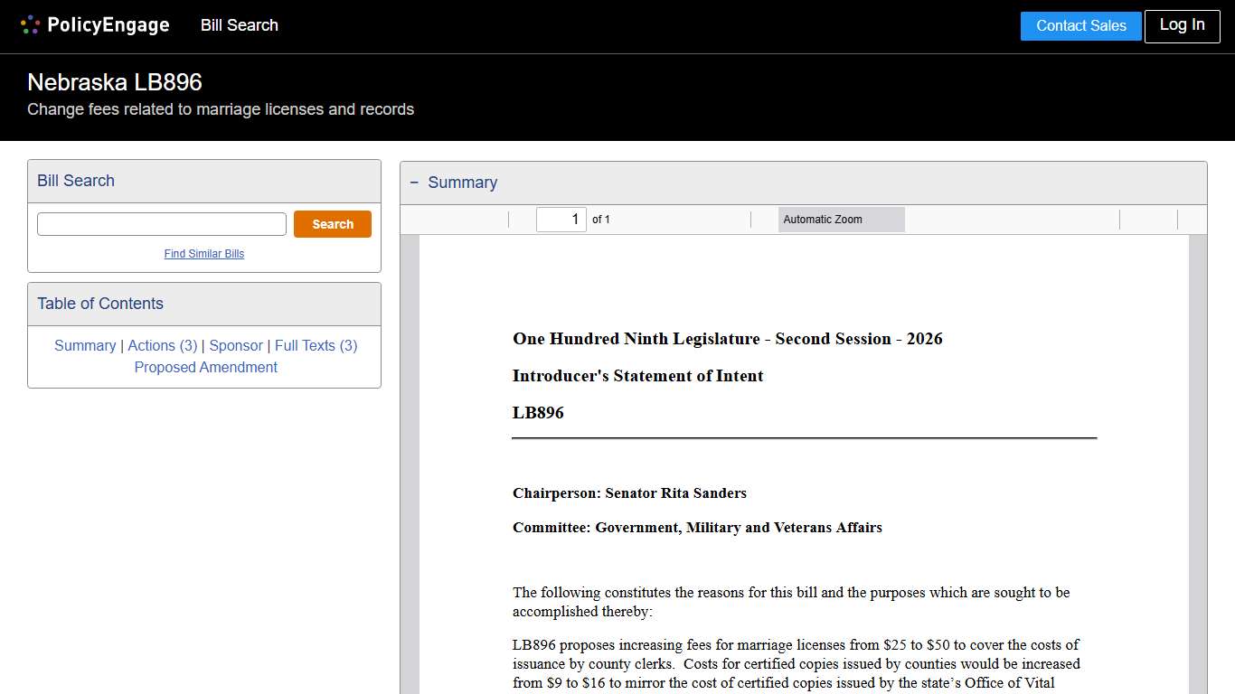 LB896 Nebraska 2025-2026 Change fees related to marriage licenses and records - Legislative Tracking PolicyEngage
